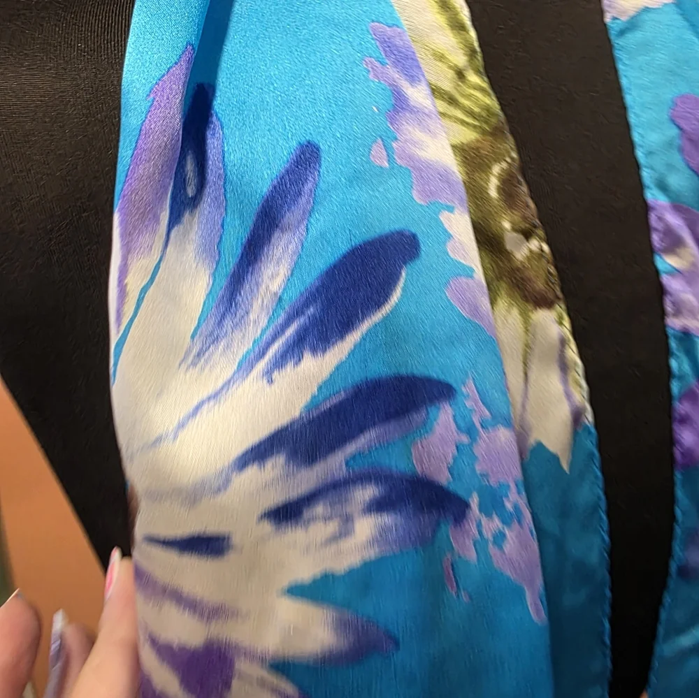 Vintage 90s Ellen Tracy Floral Silk Scarf  Blue and Purple Boho Chic Bohemian